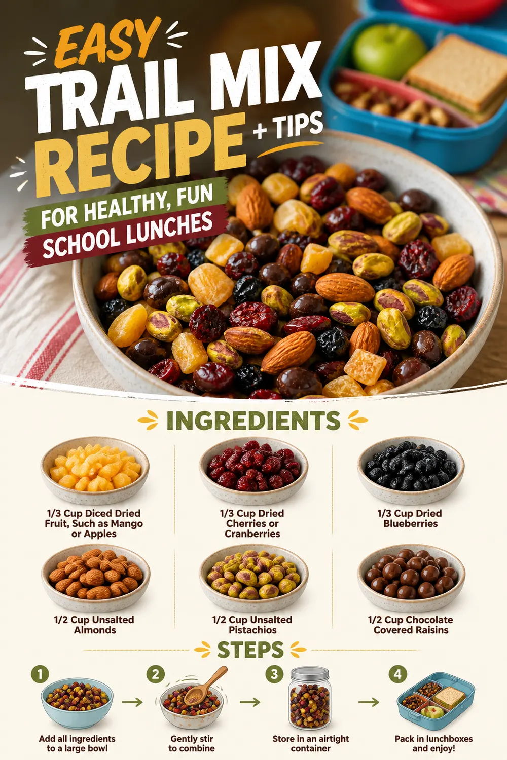 Easy Trail Mix Recipe + Tips for Healthy, Fun School Lunches Pinterest pin
